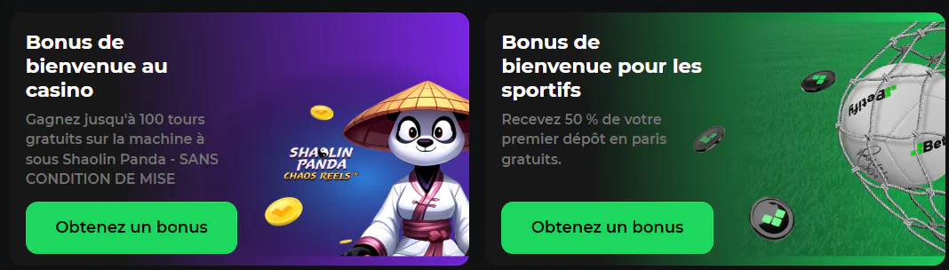 Betify Casino bonus de bienvenue avec 100 tours gratuits sur Shaolin Panda et bonus sportif de 50 % sur le premier dépôt
