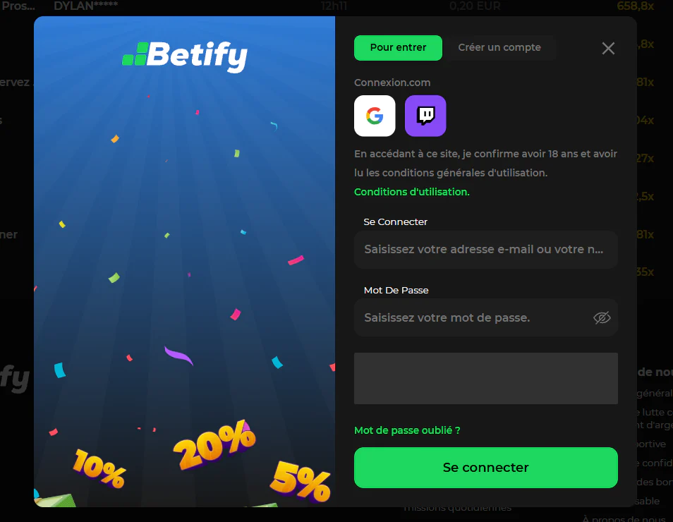 Betify Casino formulaire de connexion avec adresse e-mail, mot de passe et accès via Google ou Twitch