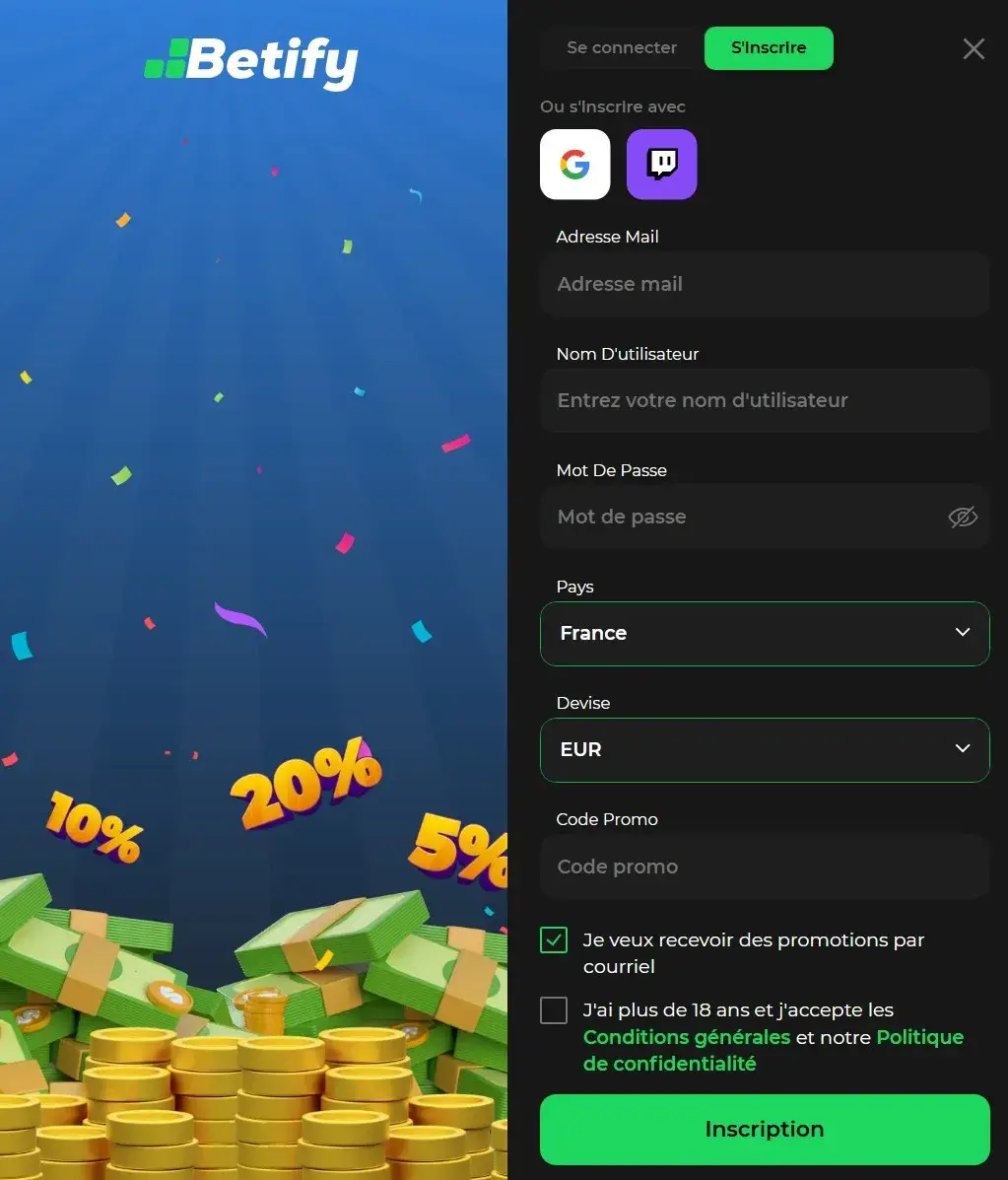 Betify Casino promoties registration